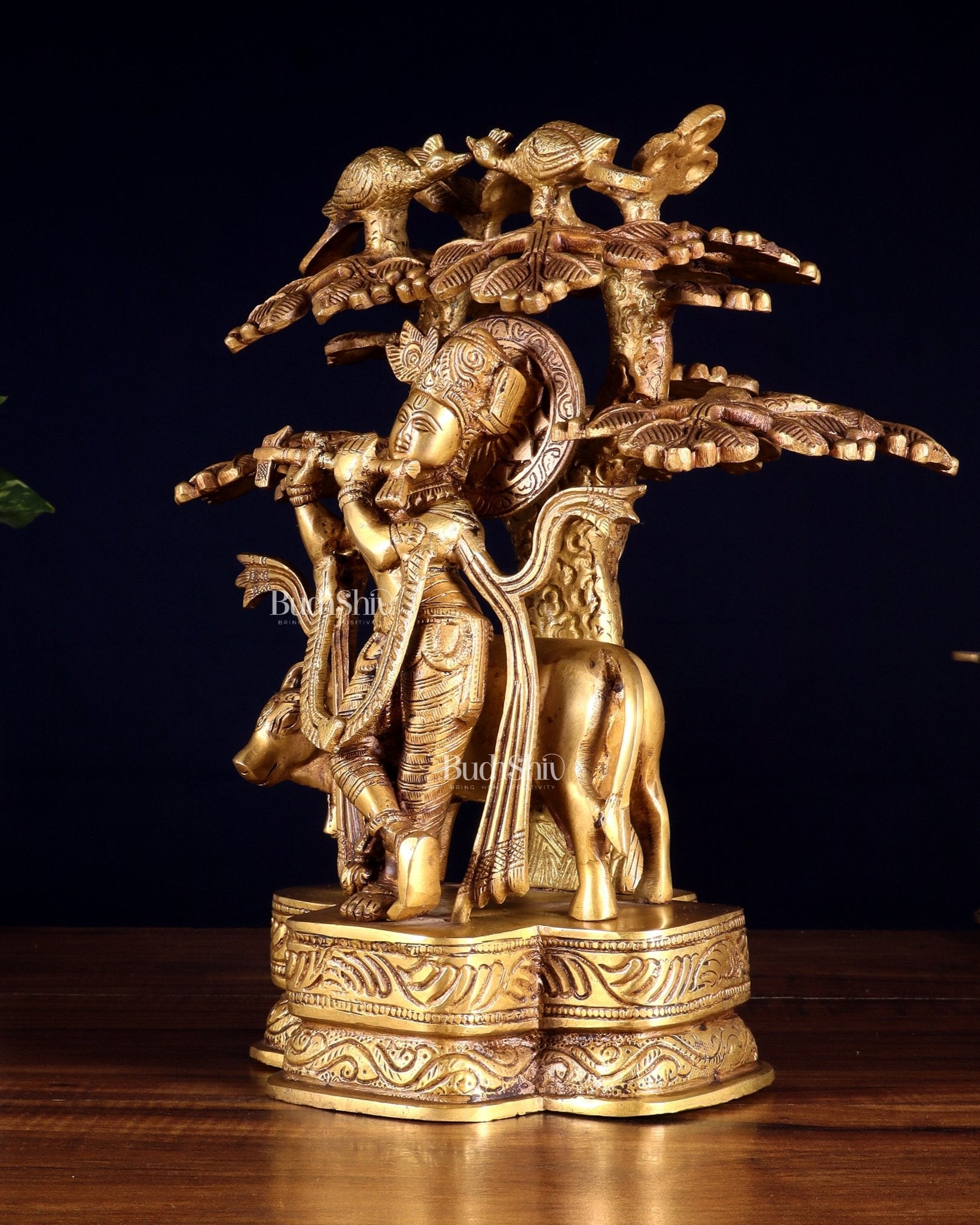 Pure Brass Krishna with Cow Under Kalpavriksha tree Statue 12 inch - Budhshiv.com