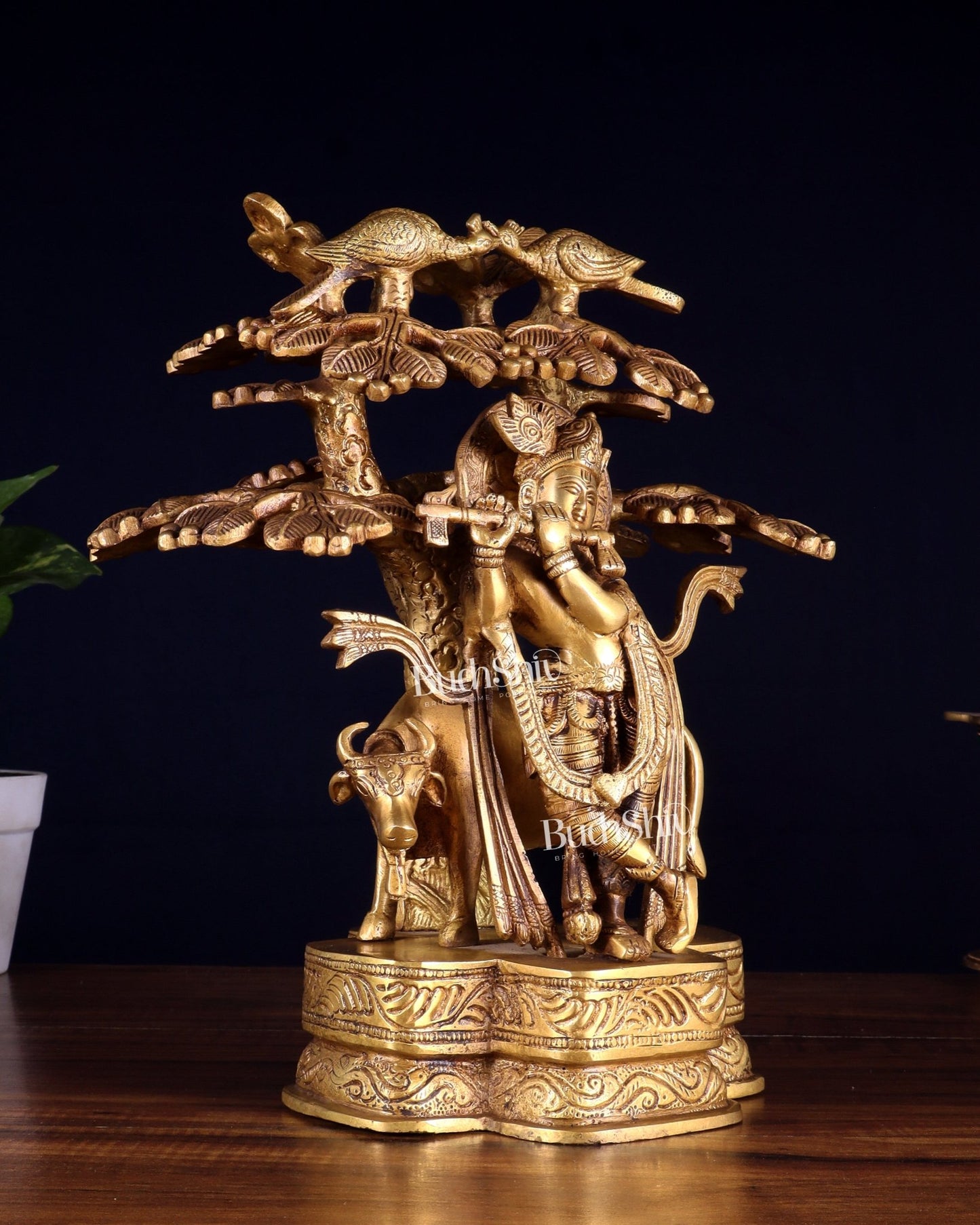 Pure Brass Krishna with Cow Under Kalpavriksha tree Statue 12 inch - Budhshiv.com