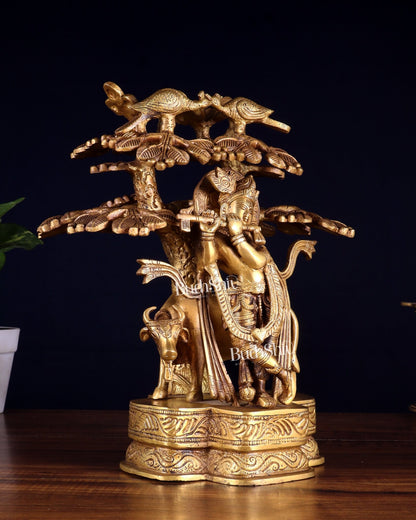Pure Brass Krishna with Cow Under Kalpavriksha tree Statue 12 inch - Budhshiv.com