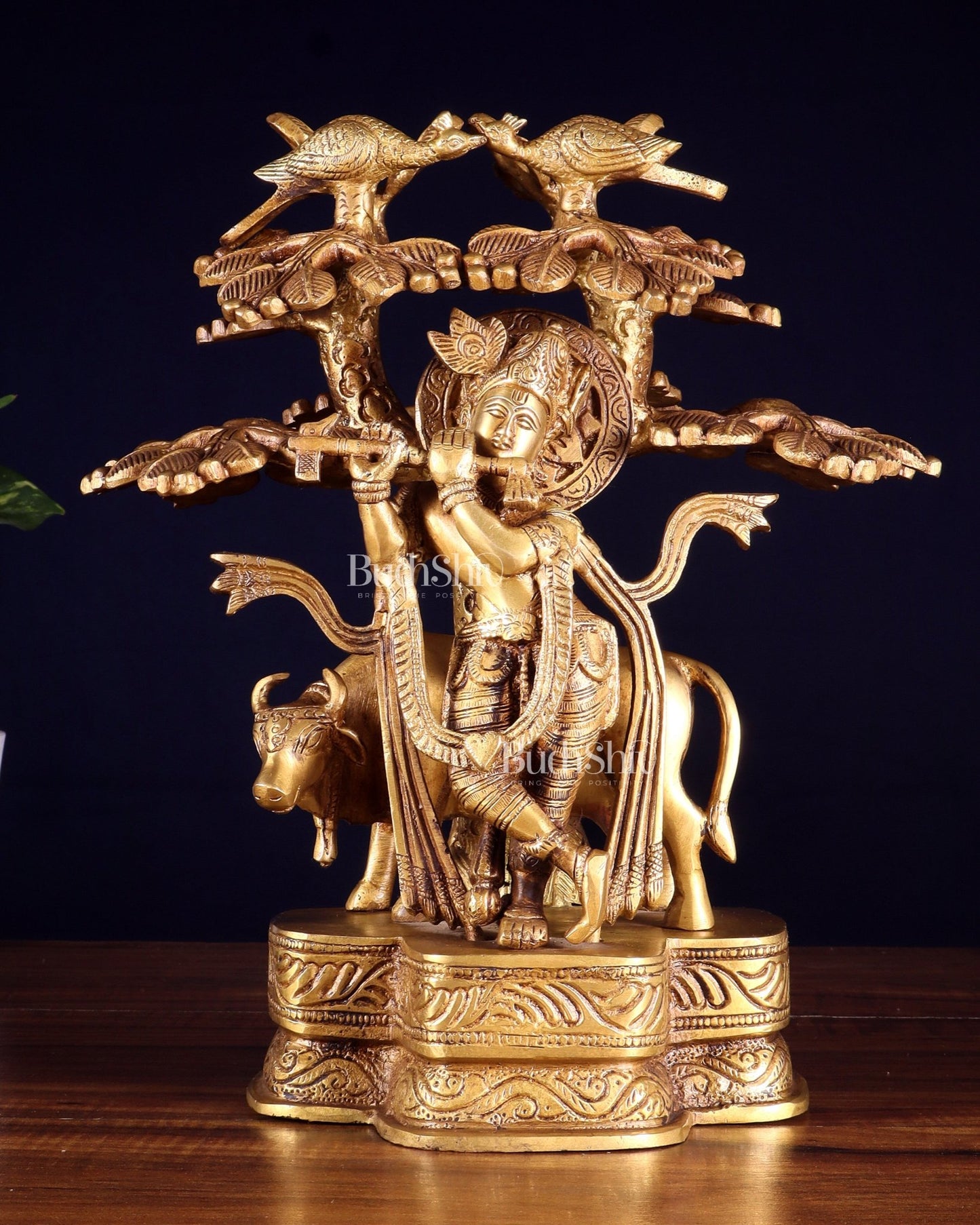 Pure Brass Krishna with Cow Under Kalpavriksha tree Statue 12 inch - Budhshiv.com