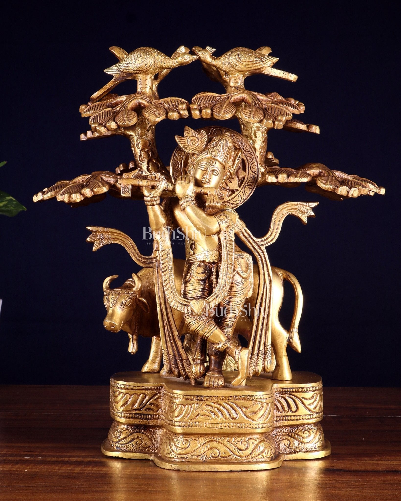 Pure Brass Krishna with Cow Under Kalpavriksha tree Statue 12 inch - Budhshiv.com