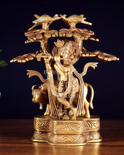 Pure Brass Krishna with Cow Under Kalpavriksha tree Statue 12 inch - Budhshiv.com