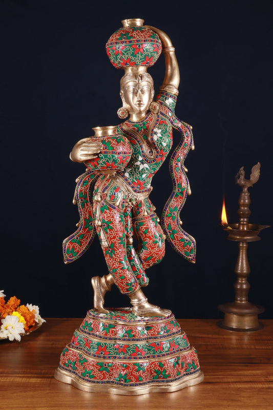 Pure Brass Krishna’s Gopi Carrying Butter Pots – Meenakari Marvel, 27.2 Inch - Budhshiv.com