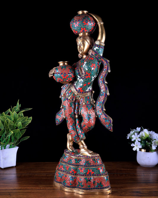 Pure Brass lady Carrying Pots – Meenakari Marvel, 27.2 Inch - Budhshiv.com