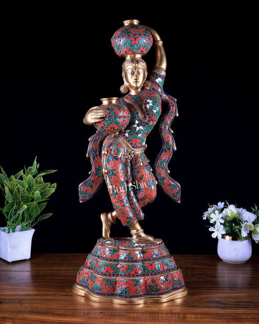 Pure Brass lady Carrying Pots – Meenakari Marvel, 27.2 Inch - Budhshiv.com