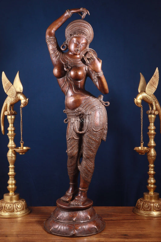 Pure Brass Lady Holding Mirror Sculpture – Chola Style, 38 Inch - Budhshiv.com