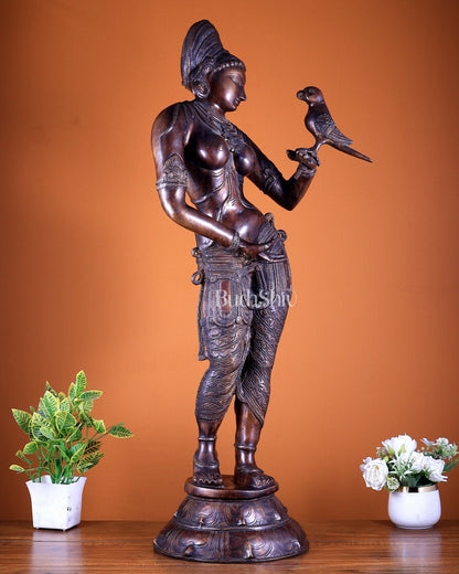 Pure Brass Lady Holding Parrot Sculpture - 38" Chola tone - Budhshiv.com