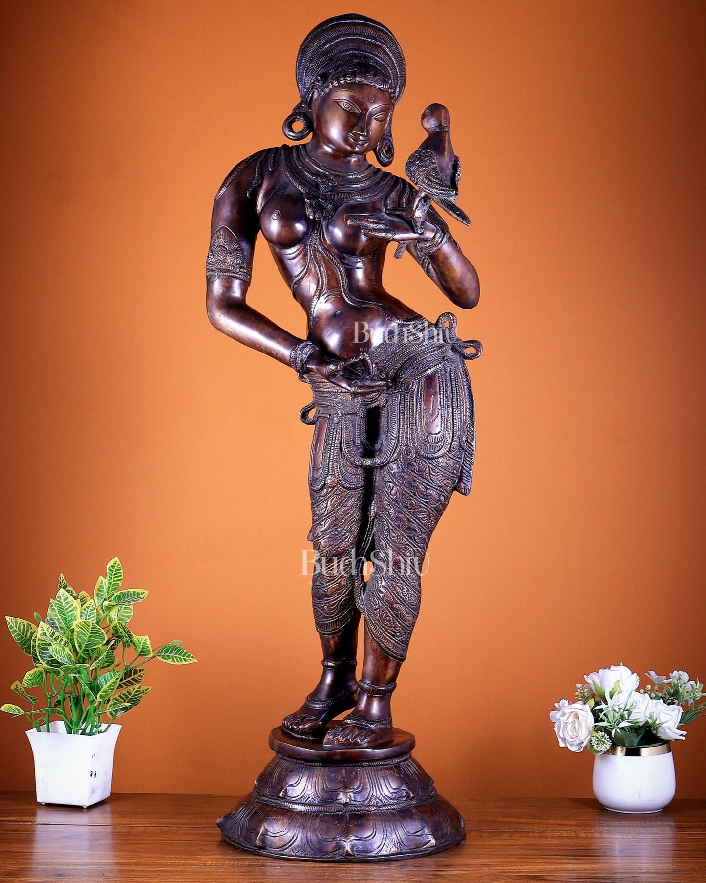 Pure Brass Lady Holding Parrot Sculpture - 38" Chola tone - Budhshiv.com