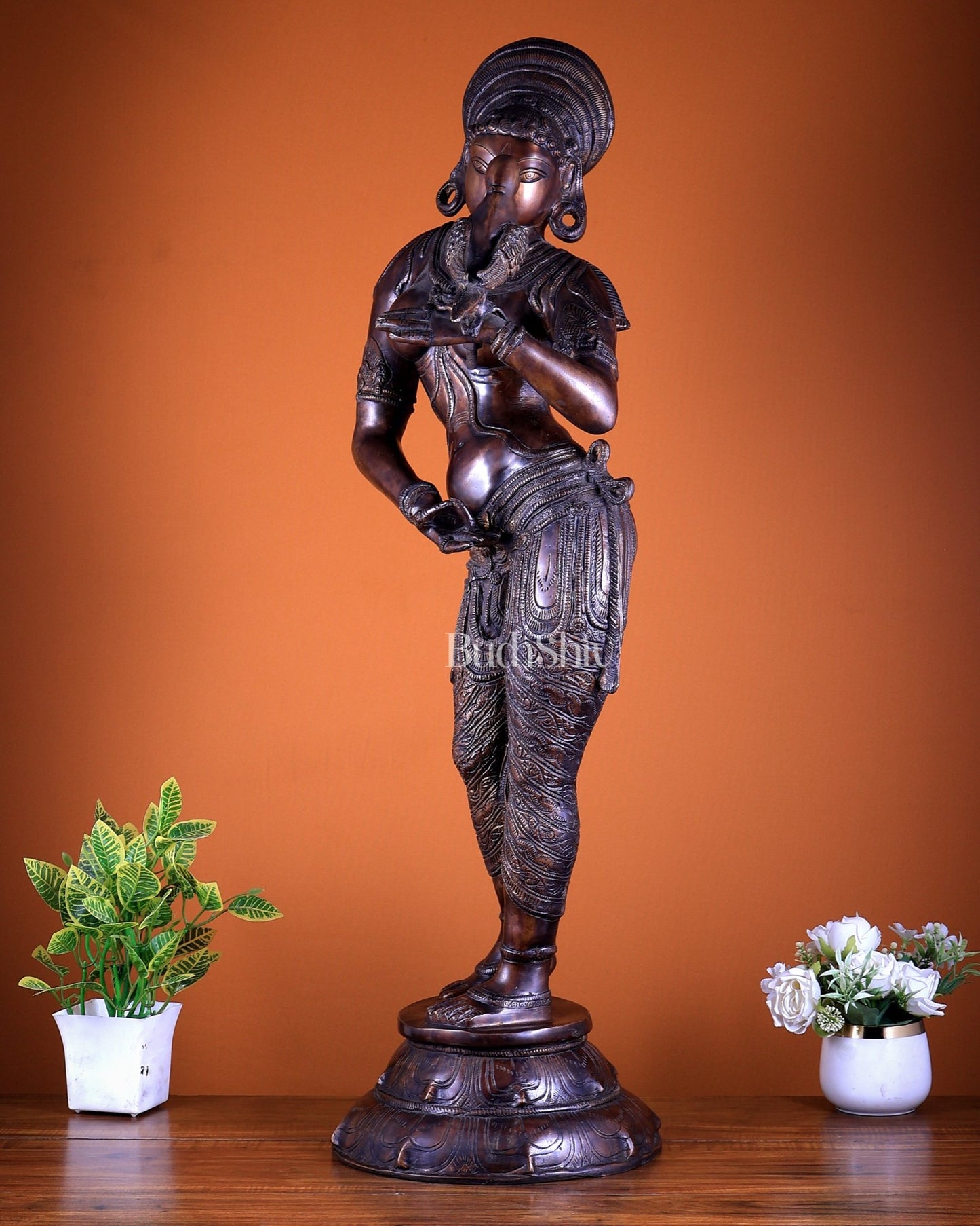 Pure Brass Lady Holding Parrot Sculpture - 38" Chola tone - Budhshiv.com
