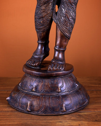 Pure Brass Lady Holding Parrot Sculpture - 38" Chola tone - Budhshiv.com
