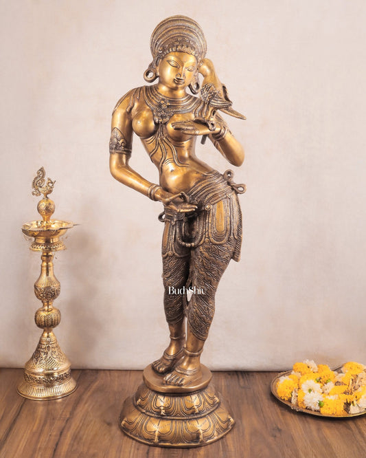 Pure Brass Lady Holding Parrot Sculpture - 38" - Budhshiv.com