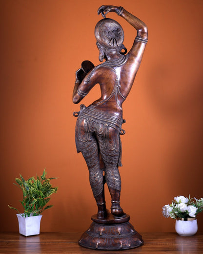 Pure Brass Lady sculpture applying sindoor – Chola Style, 38 Inch - Budhshiv.com