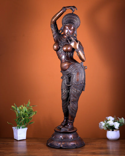 Pure Brass Lady sculpture applying sindoor – Chola Style, 38 Inch - Budhshiv.com
