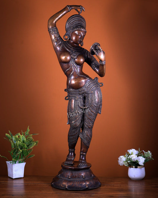 Pure Brass Lady sculpture applying sindoor – Chola Style, 38 Inch - Budhshiv.com