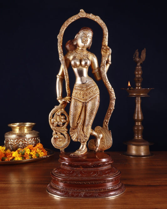 Pure Brass Lady Statue – Ajanta Inspired, 16.5 Inch double chola - Budhshiv.com