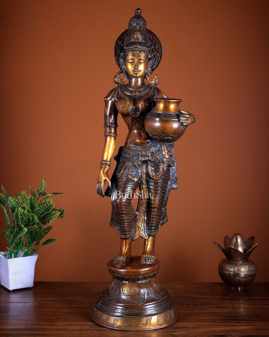 Pure Brass Lady with Pot Statue 28.5 inch - Budhshiv.com