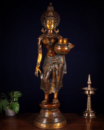 Pure Brass Lady with Pot Statue – Double Chola Tone 28.5 inch - Budhshiv.com