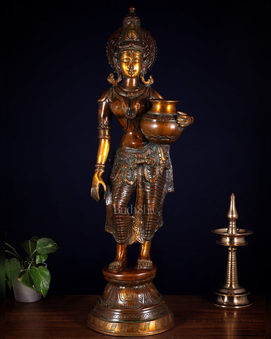 Pure Brass Lady with Pot Statue – Double Chola Tone 28.5 inch - Budhshiv.com