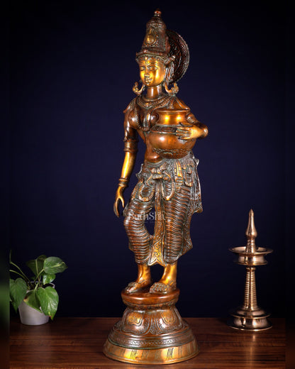 Pure Brass Lady with Pot Statue – Double Chola Tone 28.5 inch - Budhshiv.com