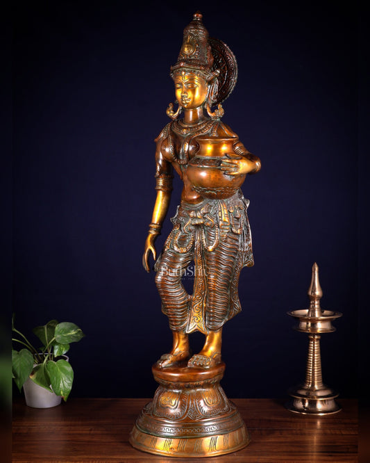 Pure Brass Lady with Pot Statue – Double Chola Tone 28.5 inch - Budhshiv.com