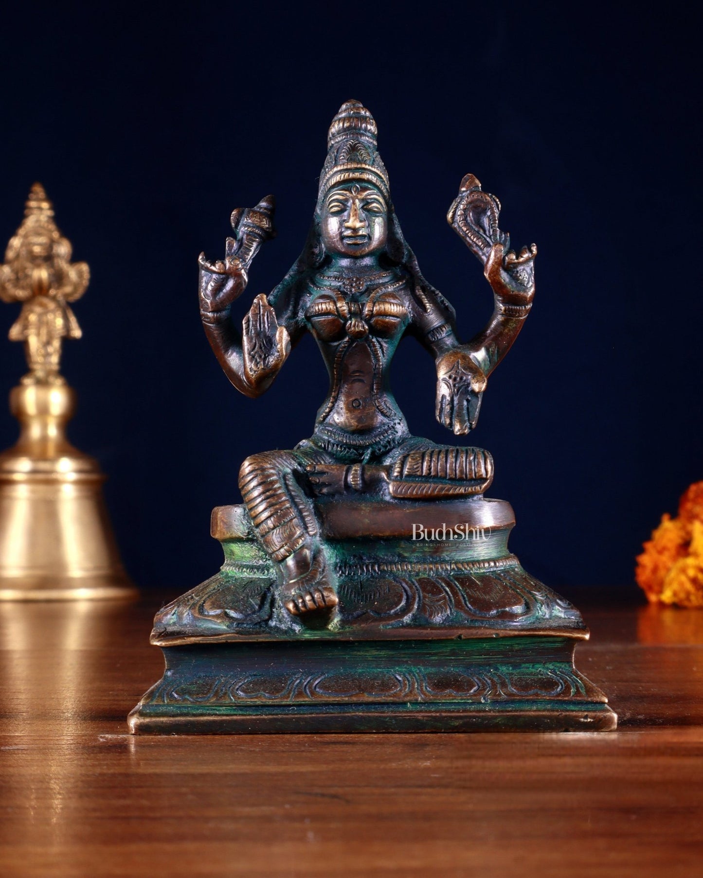 Pure Brass Lakshmi Idol 4.5" Bronze tone - Budhshiv.com