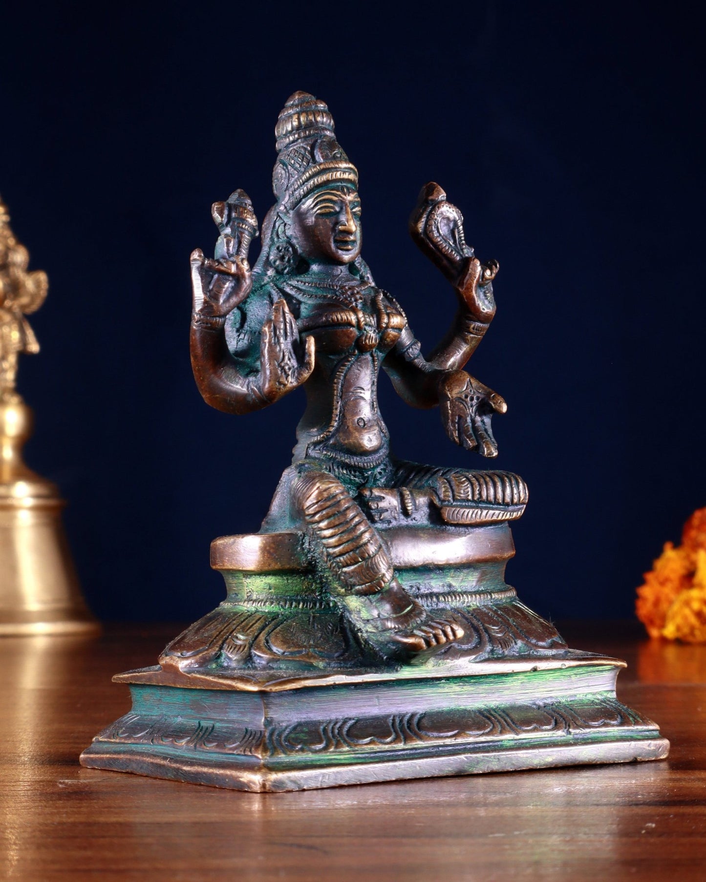 Pure Brass Lakshmi Idol 4.5" Bronze tone - Budhshiv.com
