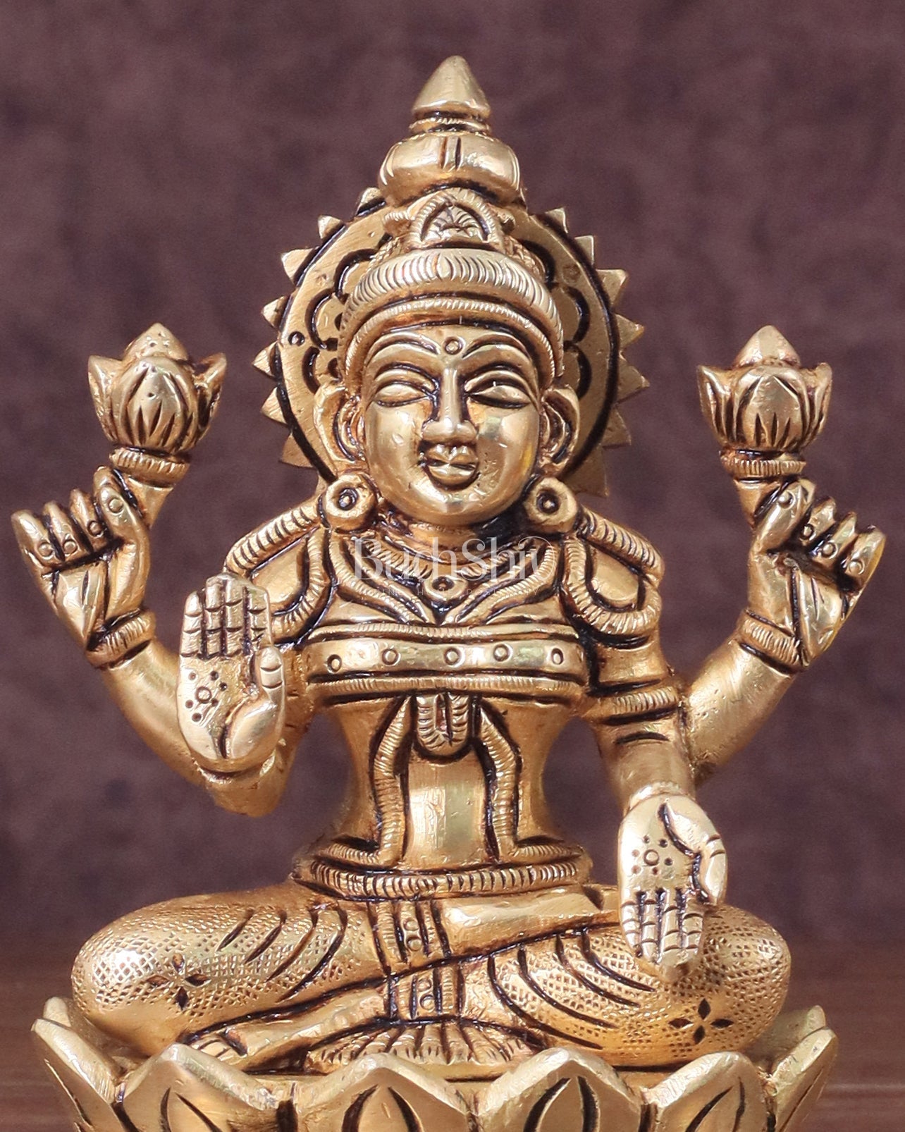 Pure Brass lakshmi in Lotus Base Idol - 5.5" - Budhshiv.com