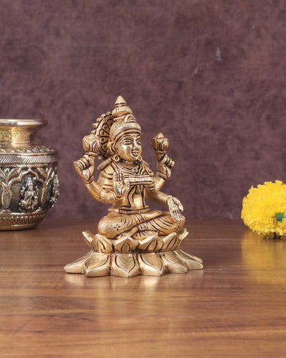 Pure Brass lakshmi in Lotus Base Idol - 5.5" - Budhshiv.com