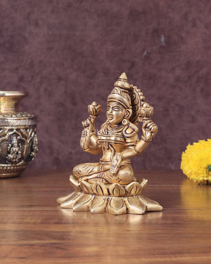 Pure Brass lakshmi in Lotus Base Idol - 5.5" - Budhshiv.com