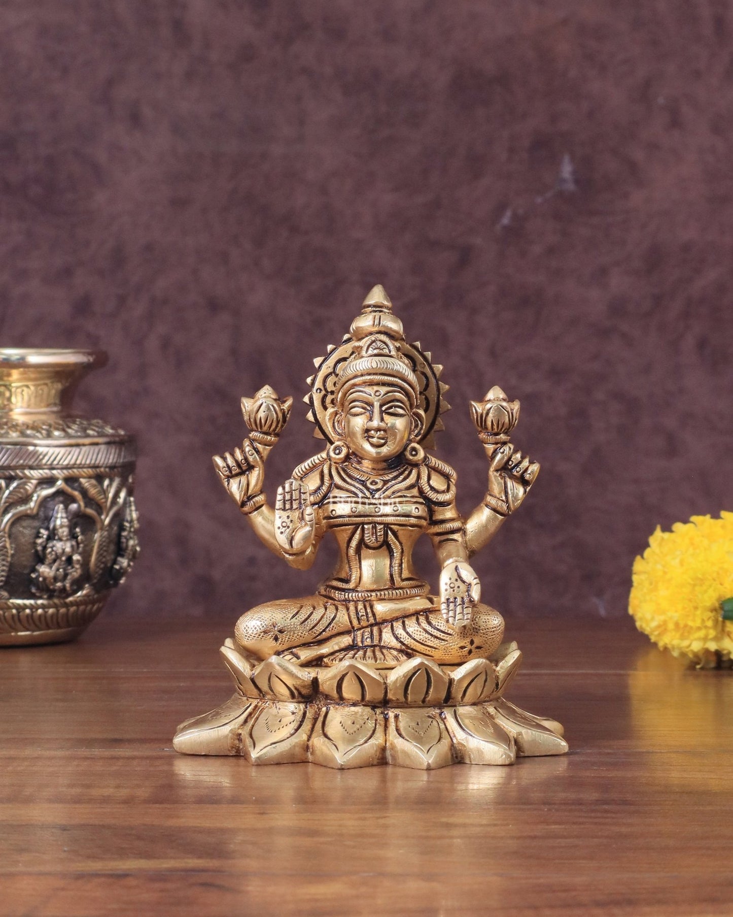 Pure Brass lakshmi in Lotus Base Idol - 5.5" - Budhshiv.com