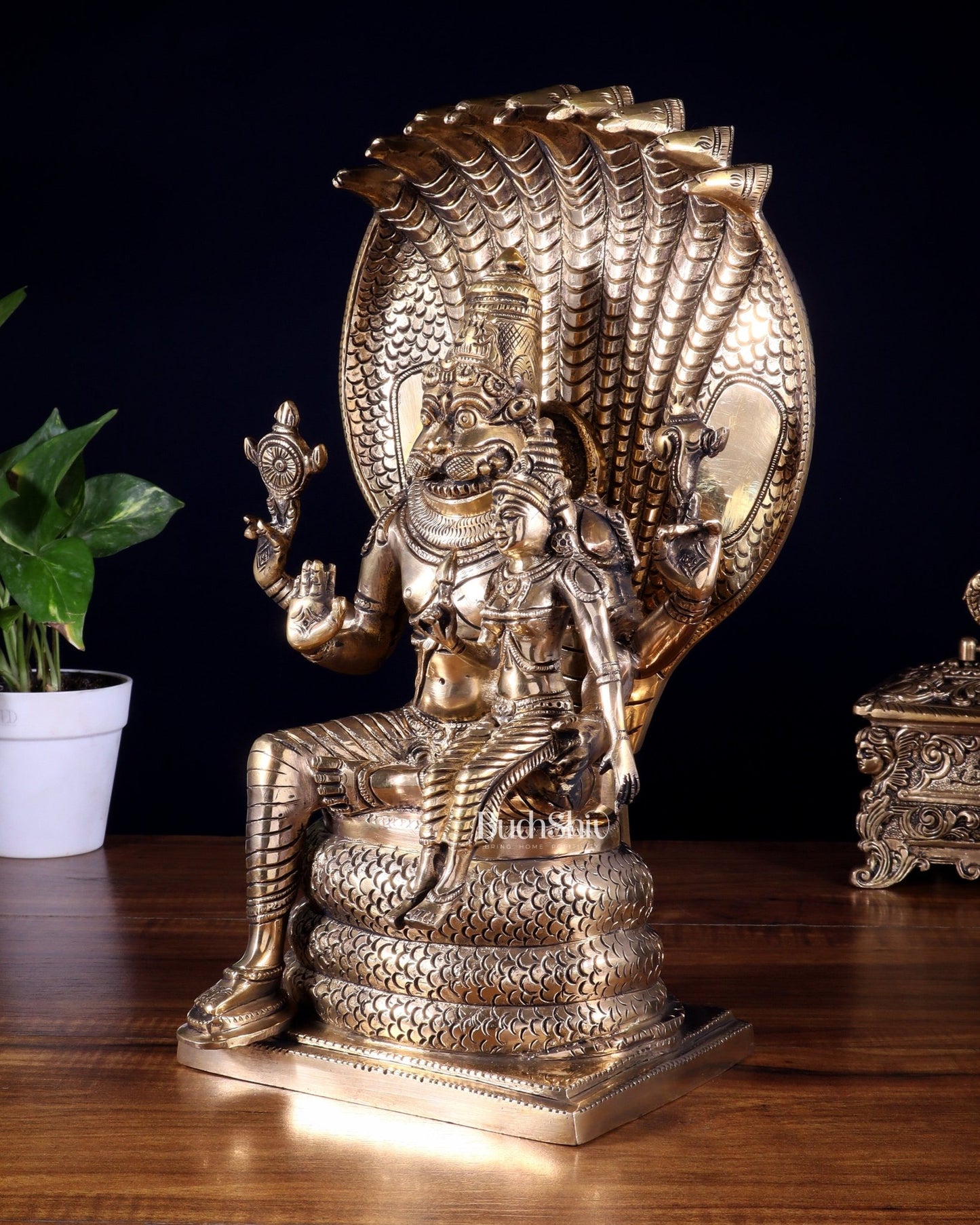 Pure Brass Lakshmi Narasimha Swamy Idol with Sheshanaag – 14 Inches - Budhshiv.com