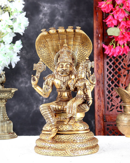 Pure Brass Lakshmi Narasimha Swamy with Sheshanaag Peetha – Handcrafted Divine Idol 12.5 inch - Budhshiv.com