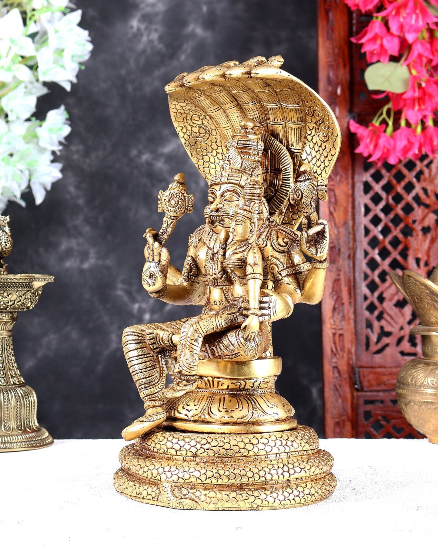 Pure Brass Lakshmi Narasimha Swamy with Sheshanaag Peetha – Handcrafted Divine Idol 12.5 inch - Budhshiv.com