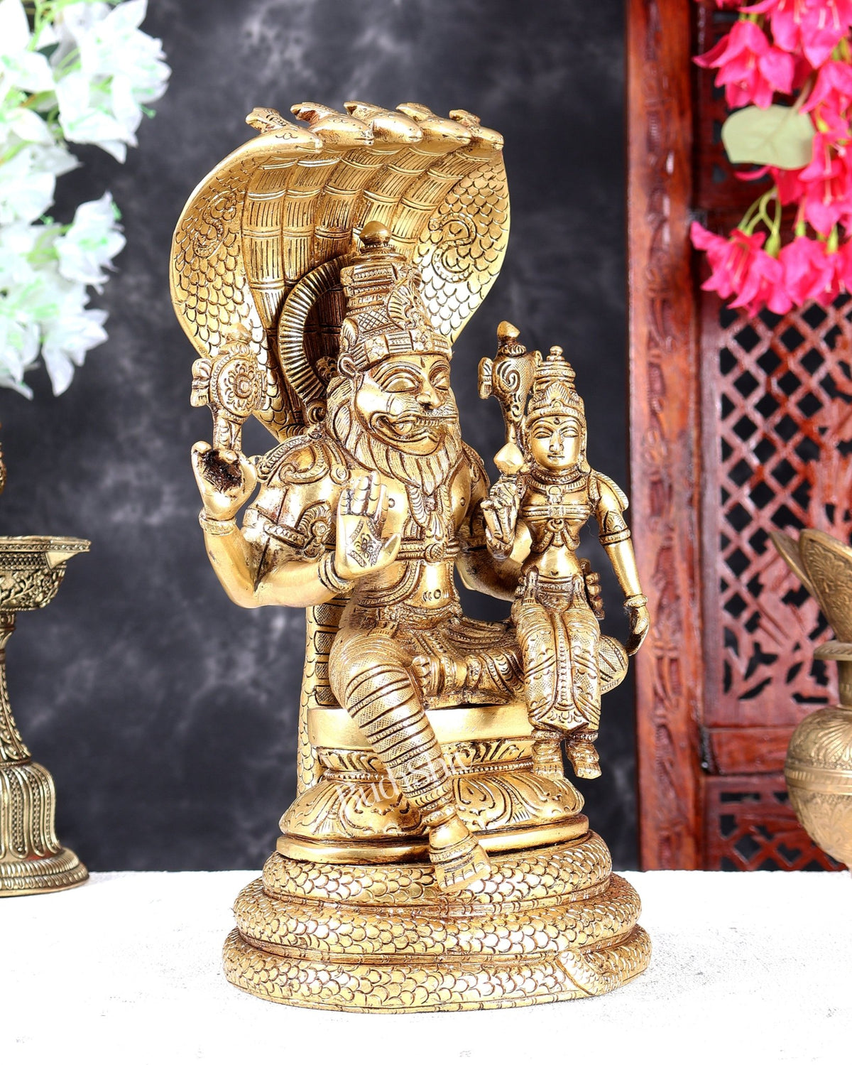 Pure Brass Lakshmi Narasimha Swamy with Sheshanaag Peetha – Handcrafted Divine Idol 12.5 inch - Budhshiv.com