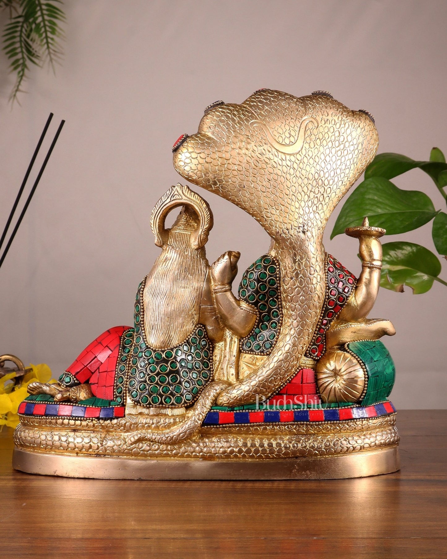 Pure Brass Lakshmi Narayan Resting on Sheshanaag Idol 10" with stonework - Budhshiv.com