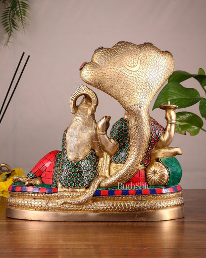 Pure Brass Lakshmi Narayan Resting on Sheshanaag Idol 10" with stonework - Budhshiv.com