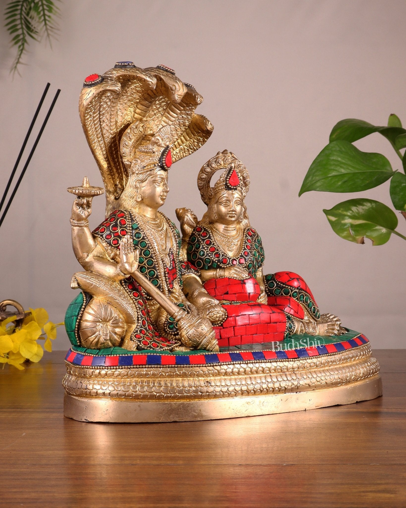 Pure Brass Lakshmi Narayan Resting on Sheshanaag Idol 10" with stonework - Budhshiv.com