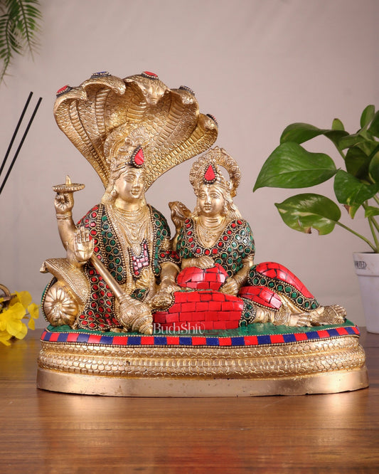 Pure Brass Lakshmi Narayan Resting on Sheshanaag Idol 10" with stonework - Budhshiv.com
