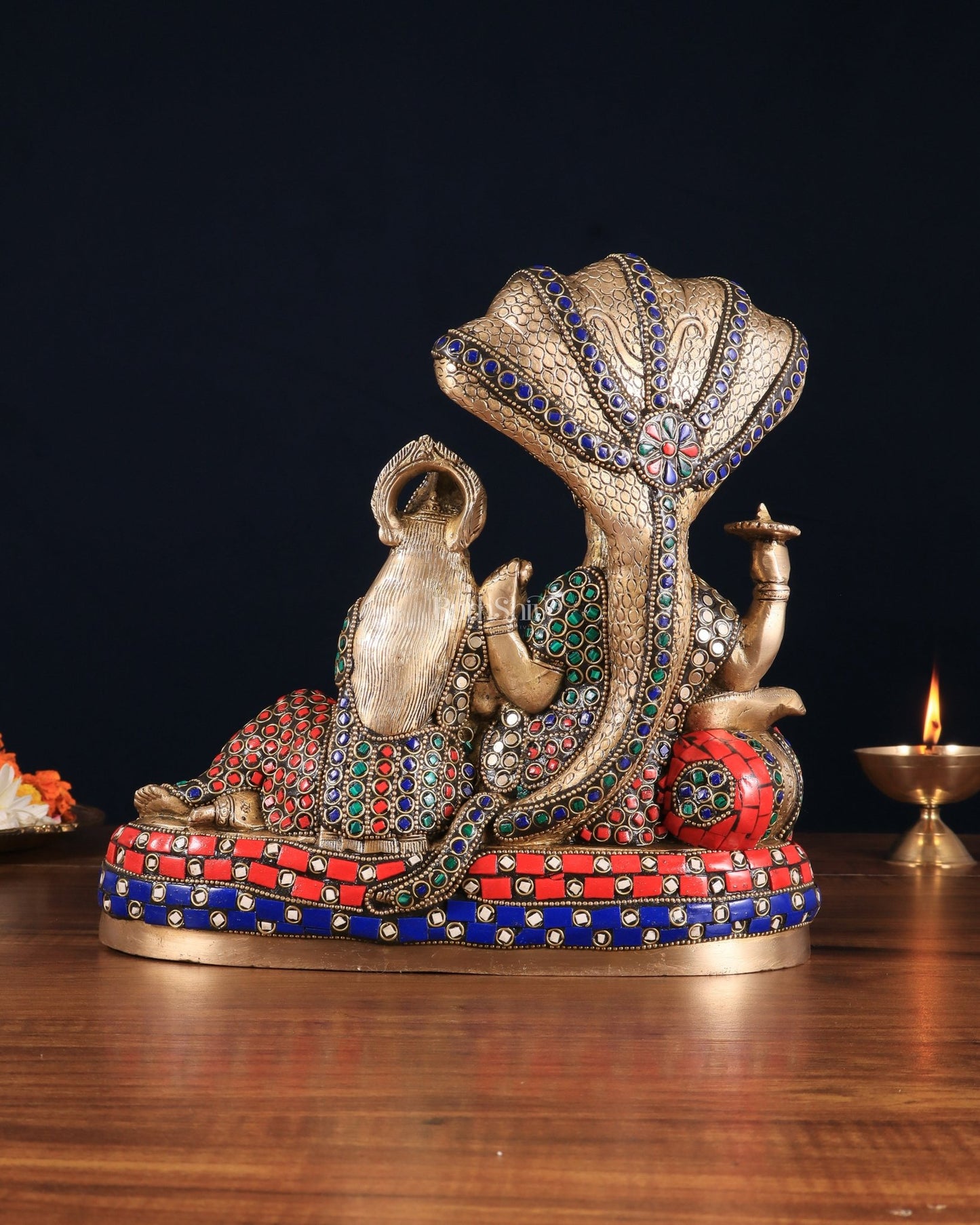Pure Brass Lakshmi Narayan Resting on Sheshanaag Idol 10" with stonework - Budhshiv.com