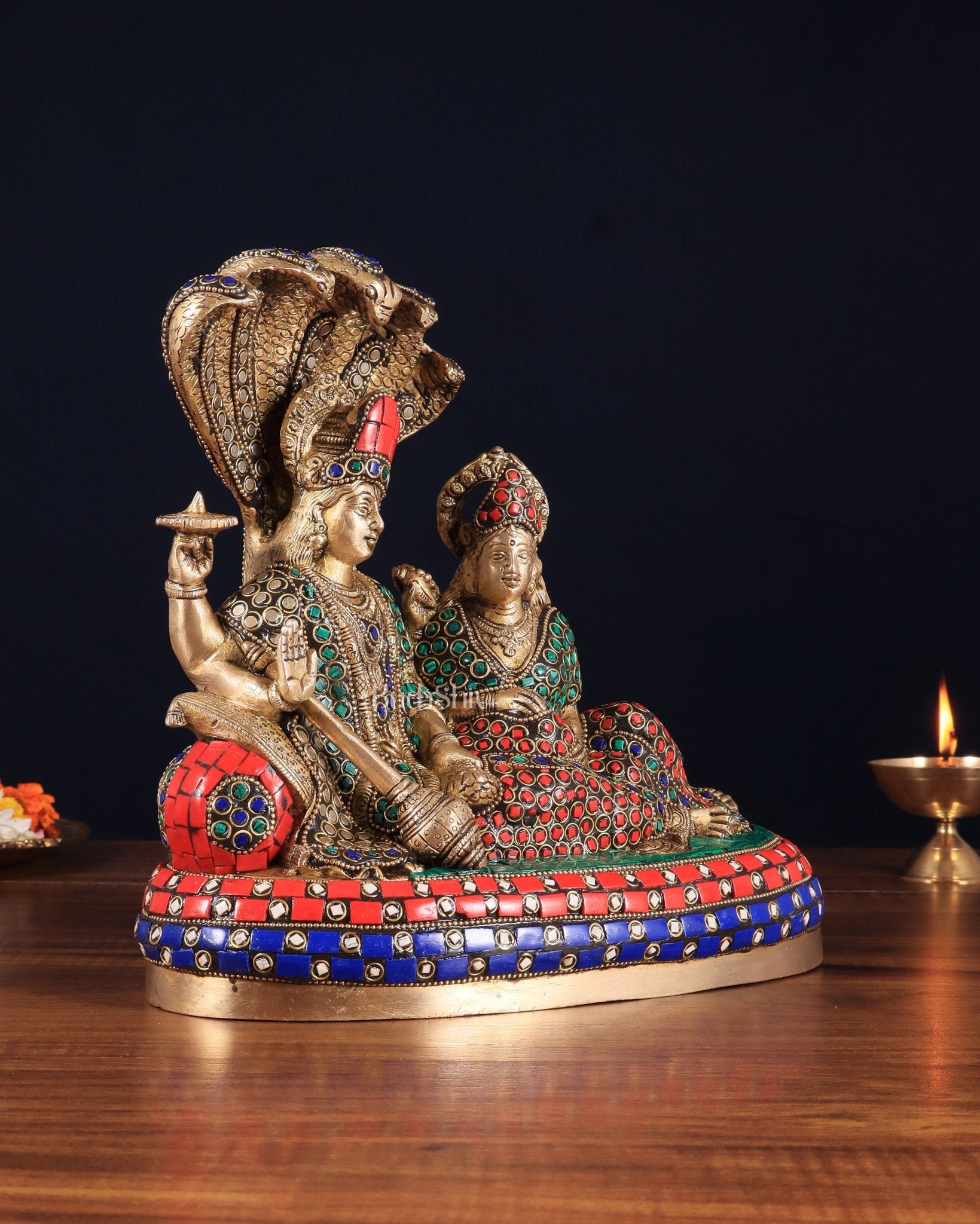 Pure Brass Lakshmi Narayan Resting on Sheshanaag Idol 10" with stonework - Budhshiv.com