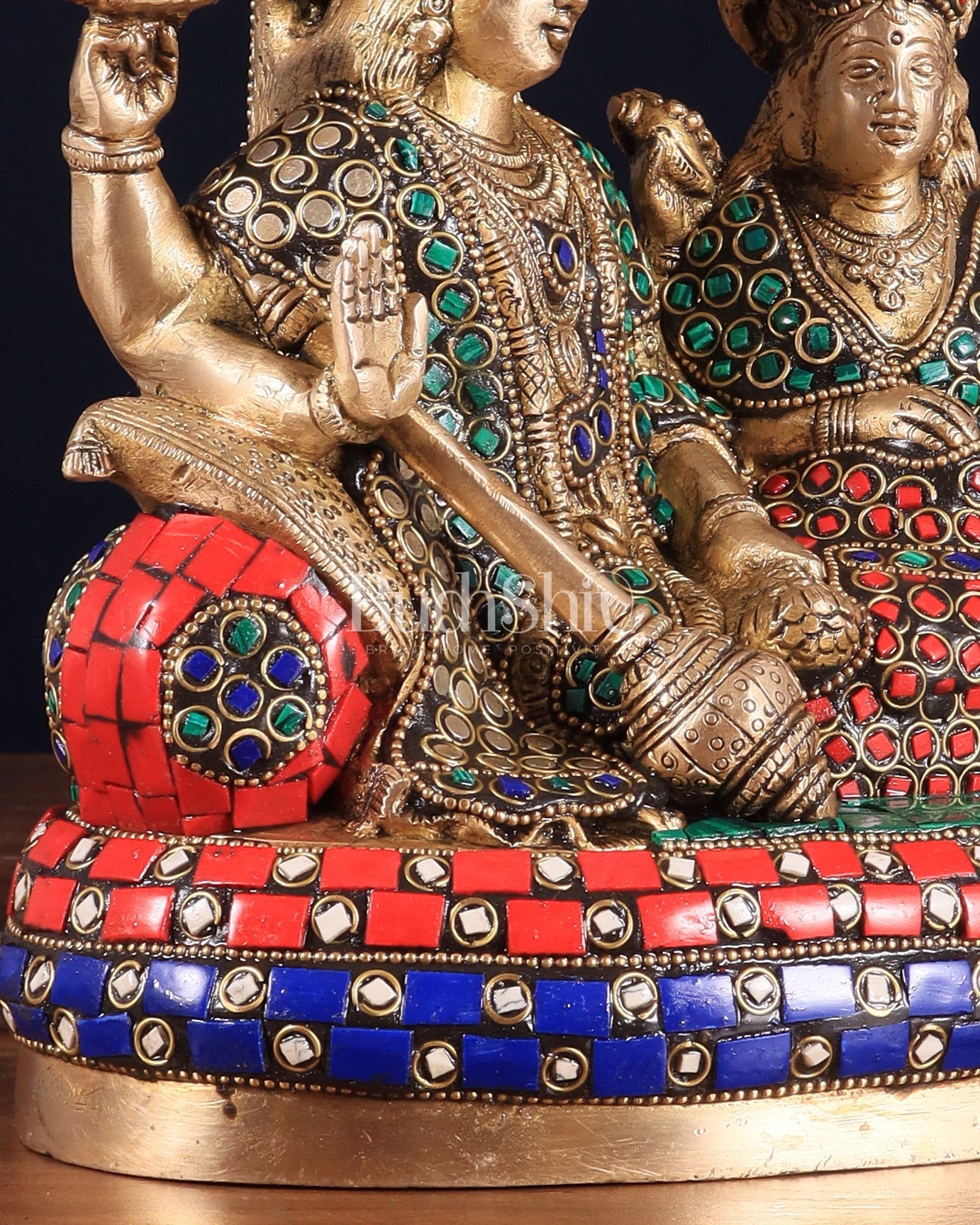 Pure Brass Lakshmi Narayan Resting on Sheshanaag Idol 10" with stonework - Budhshiv.com