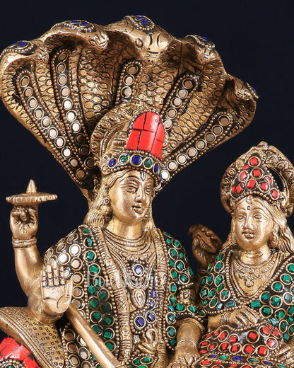 Pure Brass Lakshmi Narayan Resting on Sheshanaag Idol 10" with stonework - Budhshiv.com