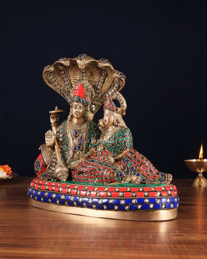 Pure Brass Lakshmi Narayan Resting on Sheshanaag Idol 10" with stonework - Budhshiv.com