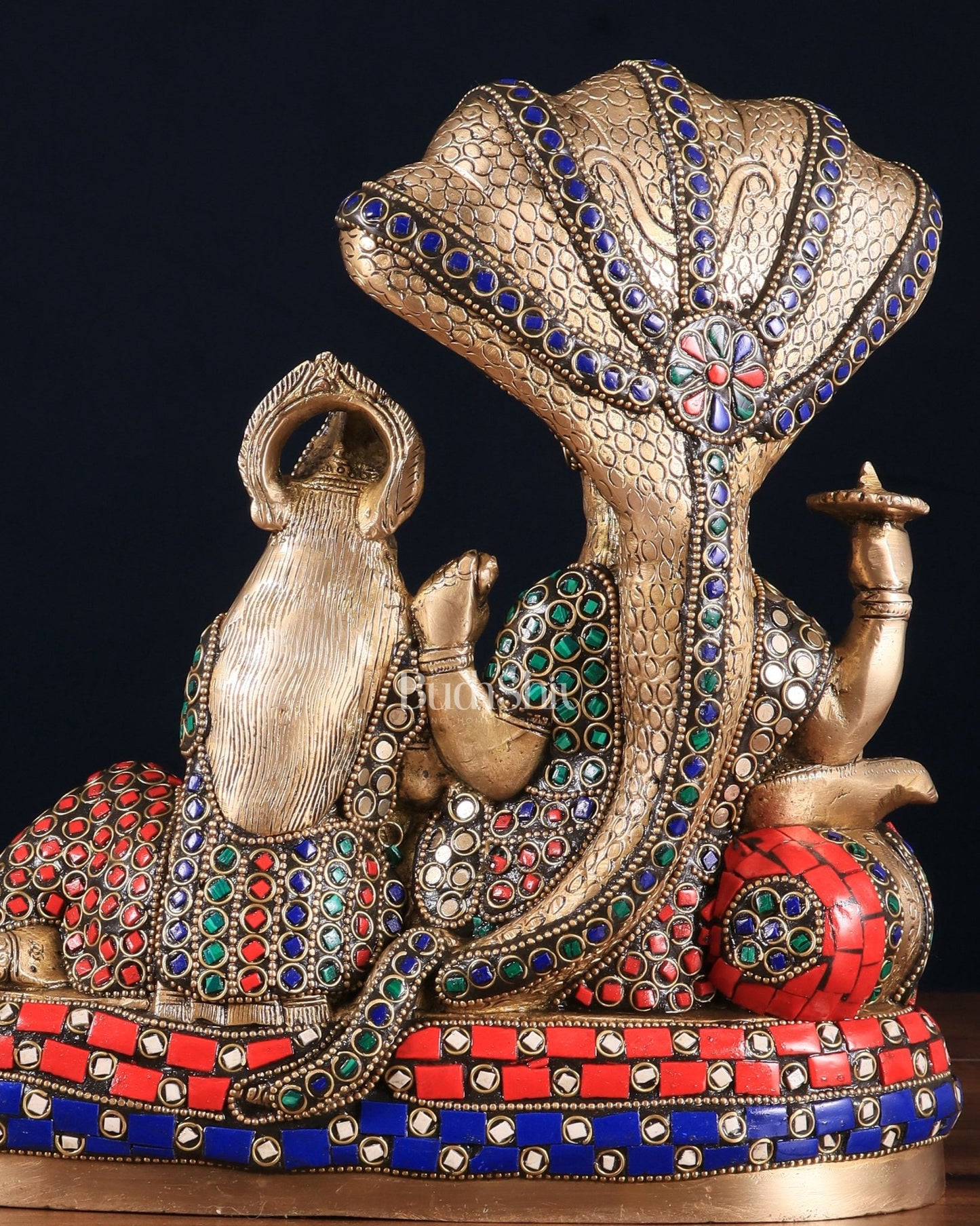 Pure Brass Lakshmi Narayan Resting on Sheshanaag Idol 10" with stonework - Budhshiv.com