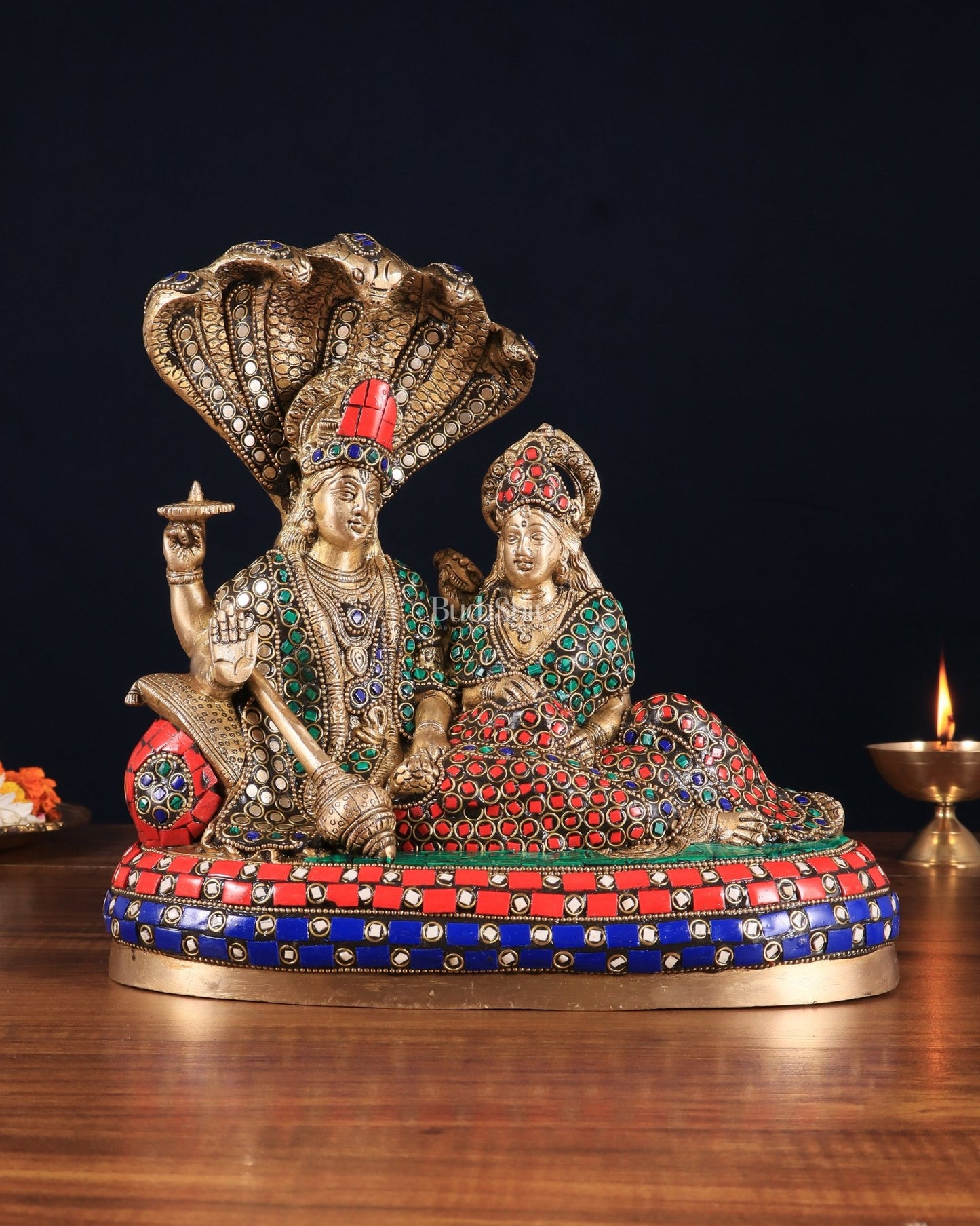 Pure Brass Lakshmi Narayan Resting on Sheshanaag Idol 10" with stonework - Budhshiv.com