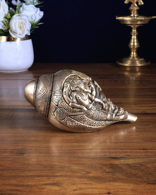 Pure Brass Lakshmi Narayana Design Blowing Shankh / Conch - Budhshiv.com