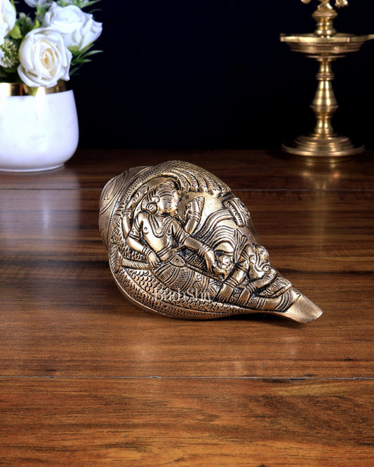 Pure Brass Lakshmi Narayana Design Blowing Shankh / Conch - Budhshiv.com