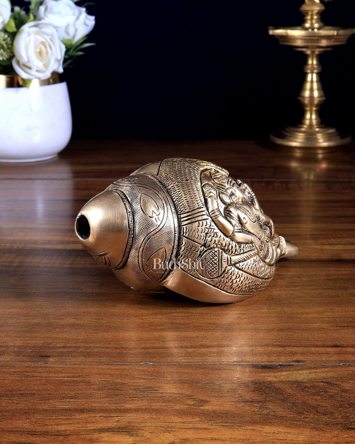 Pure Brass Lakshmi Narayana Design Blowing Shankh / Conch - Budhshiv.com