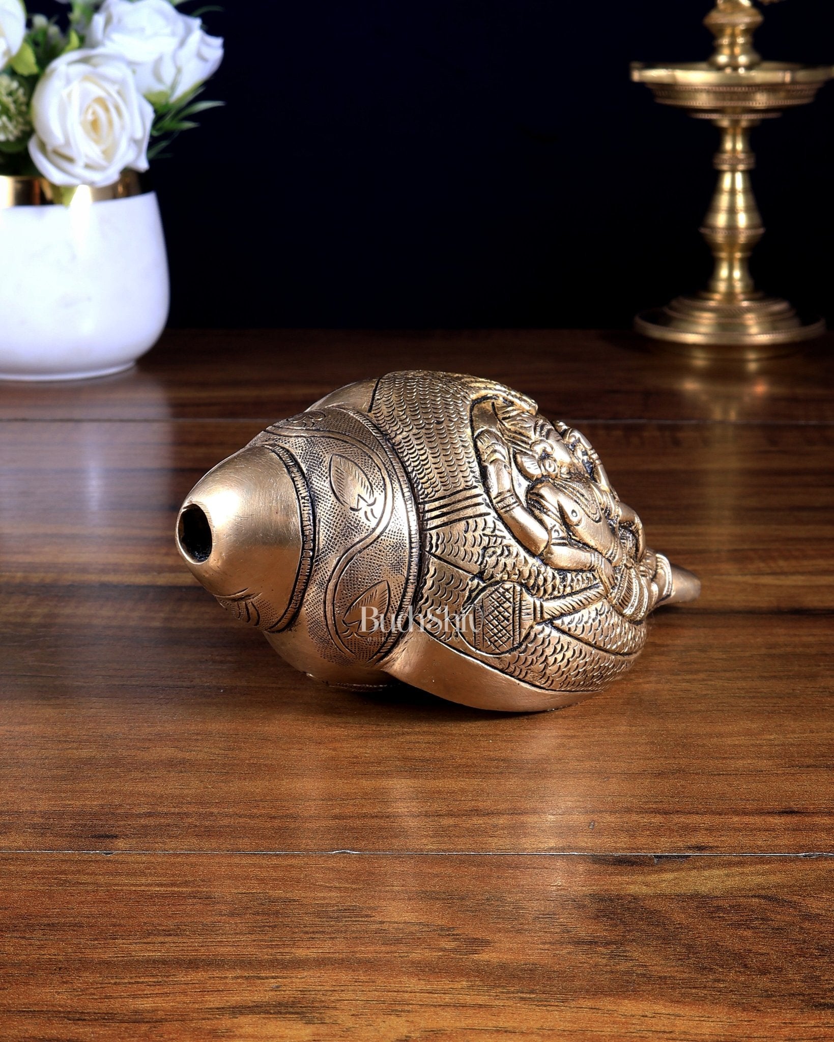 Pure Brass Lakshmi Narayana Design Blowing Shankh / Conch - Budhshiv.com