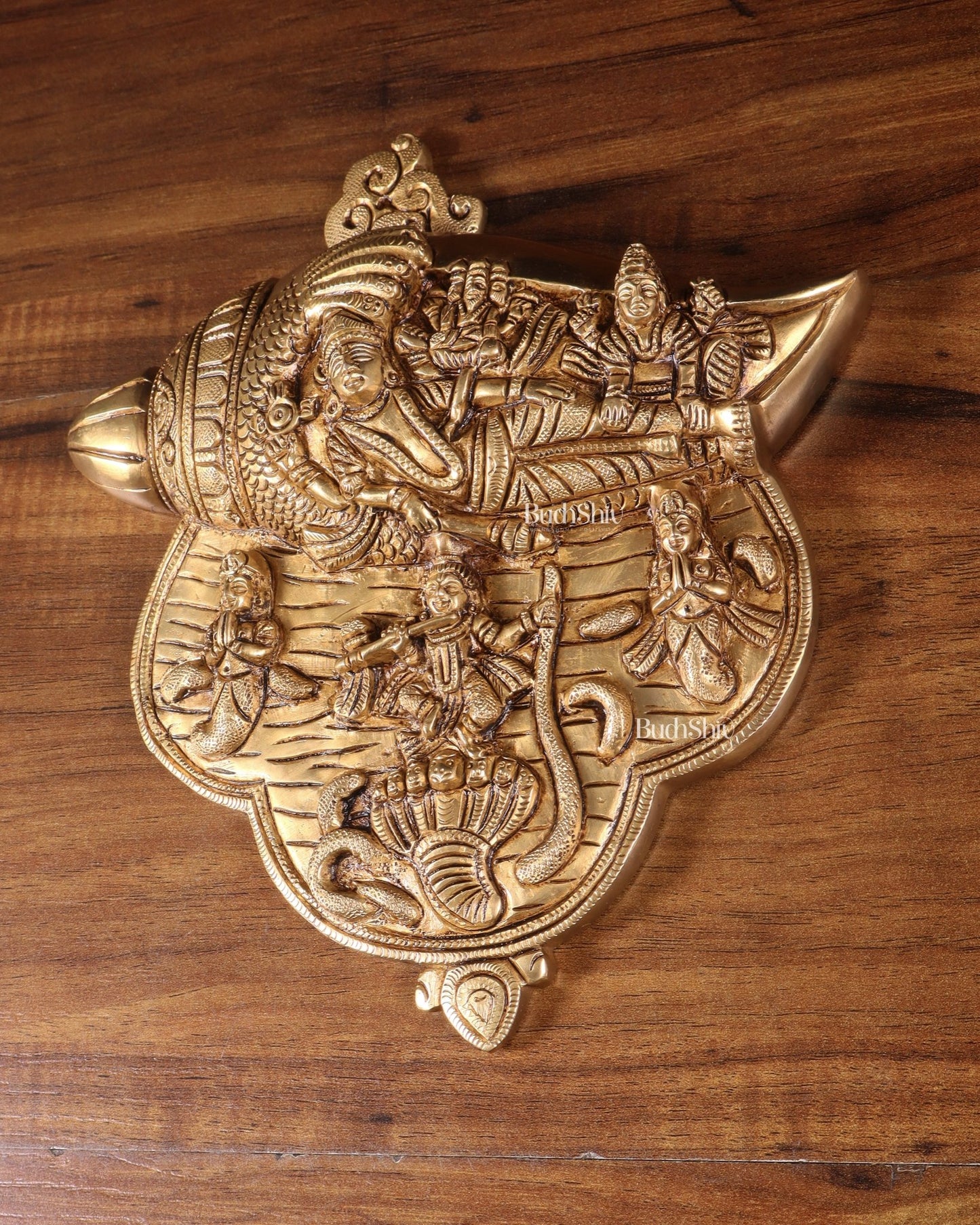 Pure Brass Lakshmi Narayana with Kalinga Krishna Carved on Shankh | Wall Hanging - Budhshiv.com